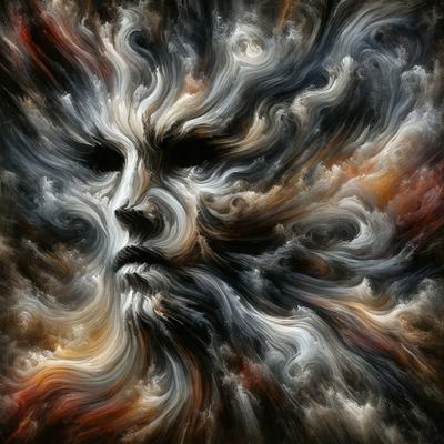 The primary subject of the image is a close-up of a person's face, with a focus on the eyes and the surrounding area. The setting is a cloudy sky, which serves as the backdrop for the face. The visual style is a combination of digital art and illustration, creating a unique and artistic representation of the person's face. The colors in the image are predominantly dark, with the face being the main focus, and the cloudy sky providing a contrasting and moody atmosphere.